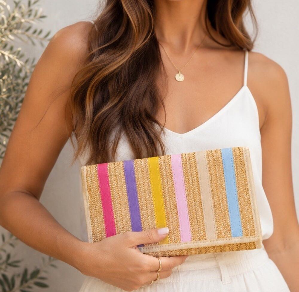 Vintage Valerie Made In Italy Straw Clutch Pastel Stripe Woven Raffia Bag